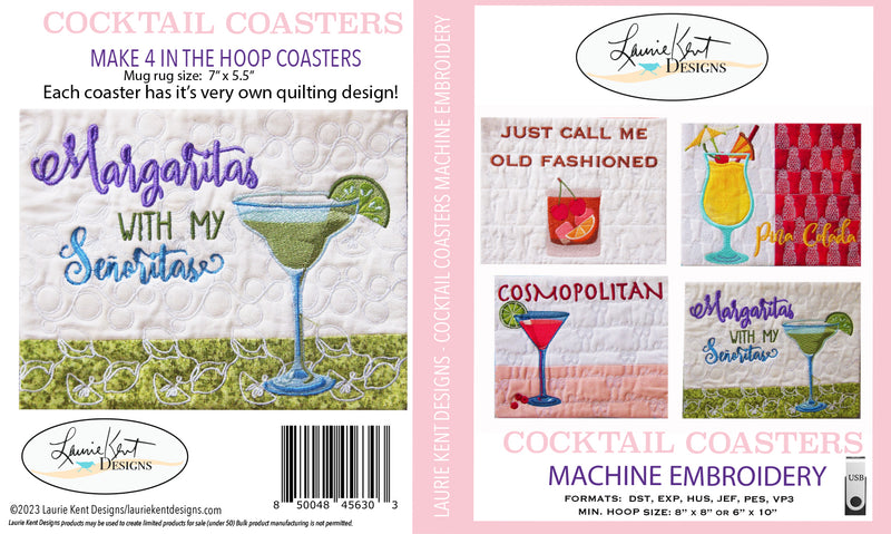 Cocktail Coasters Embroidery USB by Laurie Kent Designs
