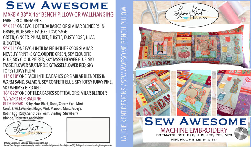 Sew Awesome Bench Pillow Embroidery Files on CD