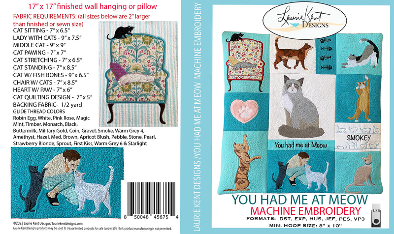 "You Had Me at Meow"  Cat Pillow Machine Emb. USB Version